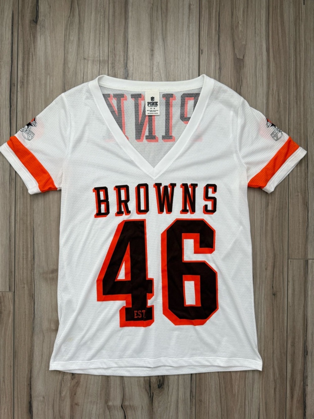 PINK Victoria's Secret White Jersey Top with Orange & Black Accents